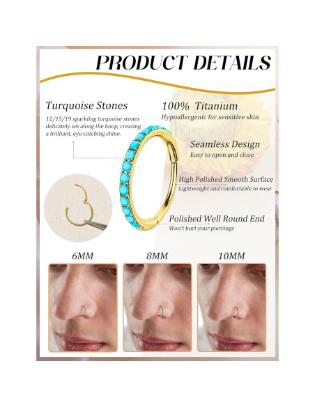 Aros de Nariz de Titanio TupMi 6MM Turquesa Oro 14K Aros de Nariz de Titanio TupMi 6MM Turquesa Oro 14K