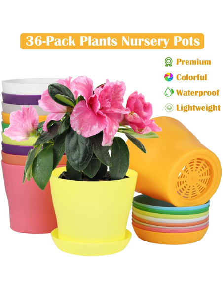 Paquete de 36 macetas de plástico Hahood 10 cm con platos