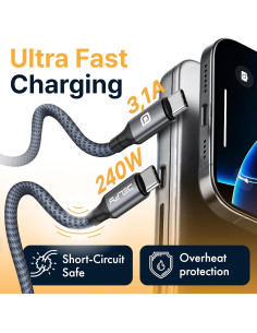 Cable USB-C trenzado Delfy 2m, carga rápida 240W para iPhone 15/16, iPad, MacBook, Samsung 2