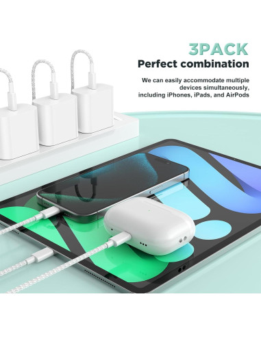 Cargador Rápido de Pared 20W USB C con 3 Cables para iPhone