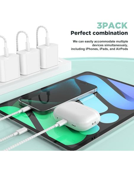 Cargador Rápido de Pared 20W USB C con 3 Cables para iPhone