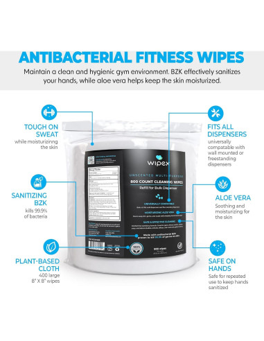 Recarga Toallitas Antibacterianas Wipex Fitness 800 Unidades