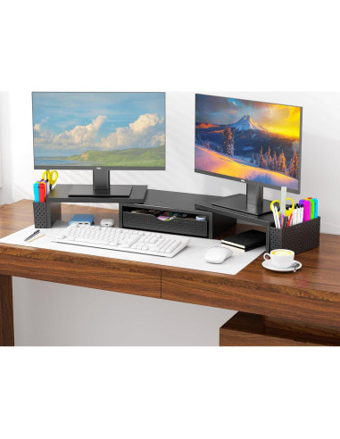 Soporte Elevador para Doble Monitor Spacrea con Cajón Negro