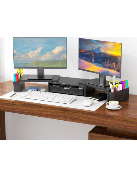 Soporte Elevador para Doble Monitor Spacrea con Cajón Negro