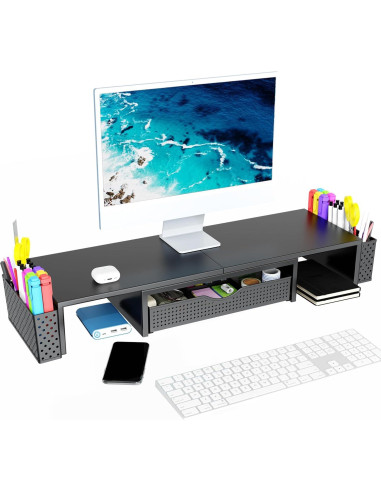 Soporte Elevador para Doble Monitor Spacrea con Cajón Negro