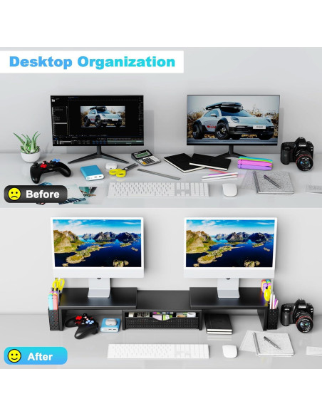 Soporte Elevador para Doble Monitor Spacrea con Cajón Negro