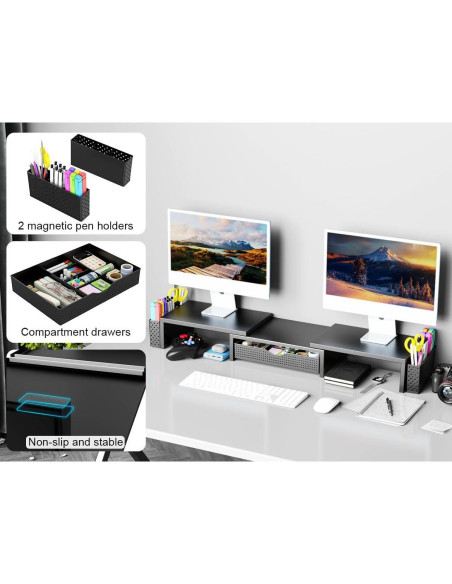 Soporte Elevador para Doble Monitor Spacrea con Cajón Negro