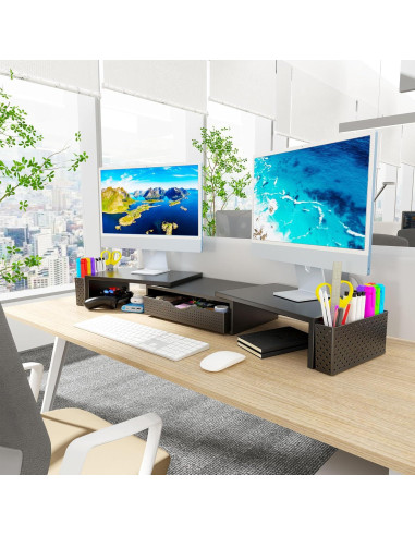 Soporte Elevador para Doble Monitor Spacrea con Cajón Negro