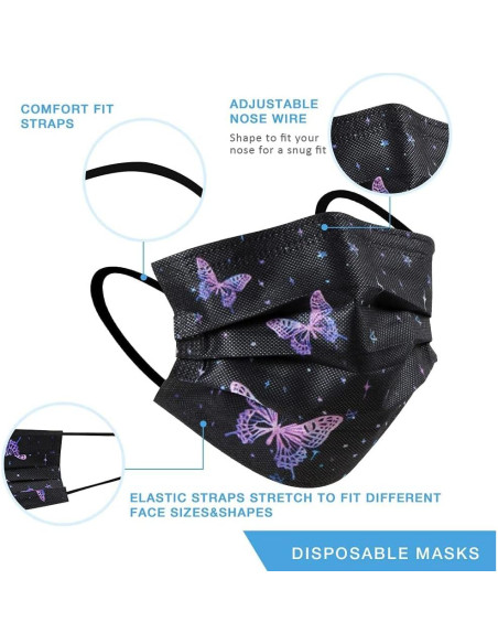 50 Pcs Mascarillas Desechables 3 Capas Mariposa Adultos