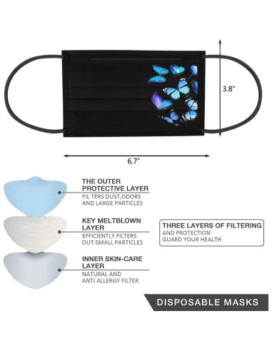 50 Pcs Mascarillas Desechables 3 Capas Mariposa Adultos