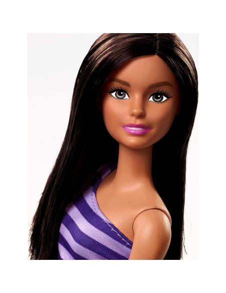 Muñeca Barbie Morena con Vestido a Rayas Moradas - Mattel