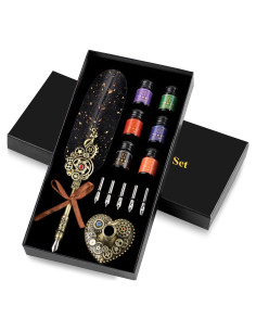 Juego de Caligrafía NC con Pluma de Pavo y 6 Tintas de Color