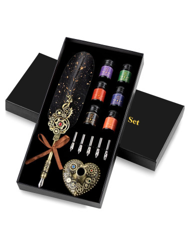 Juego de Caligrafía NC con Pluma de Pavo y 6 Tintas de Color