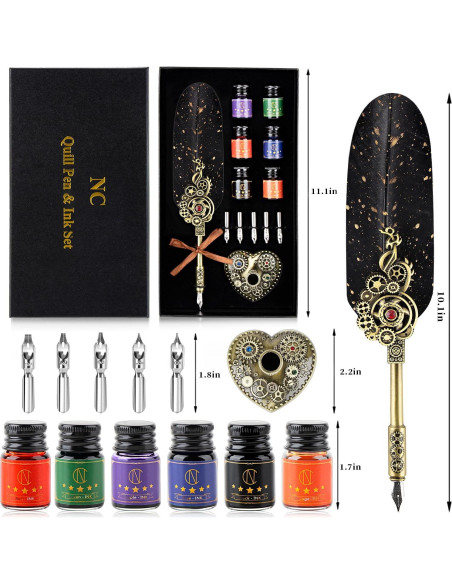 Juego de Caligrafía NC con Pluma de Pavo y 6 Tintas de Color