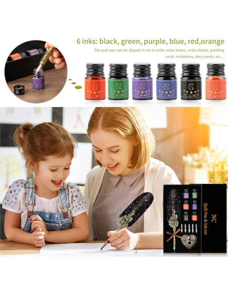 Juego de Caligrafía NC con Pluma de Pavo y 6 Tintas de Color