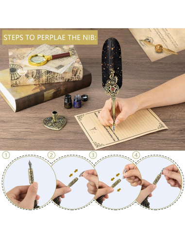 Juego de Caligrafía NC con Pluma de Pavo y 6 Tintas de Color