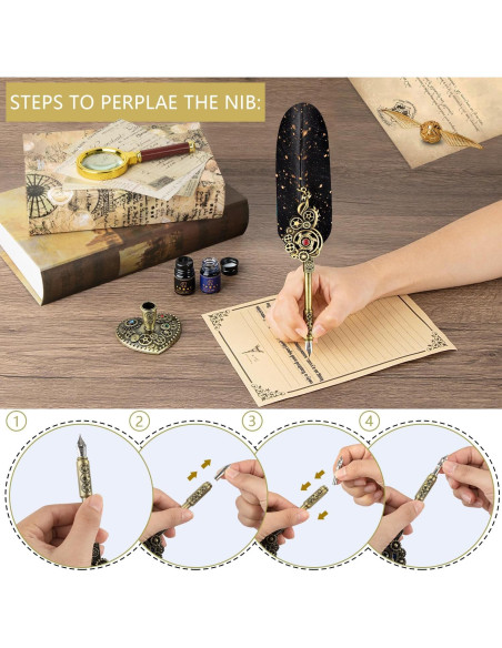 Juego de Caligrafía NC con Pluma de Pavo y 6 Tintas de Color