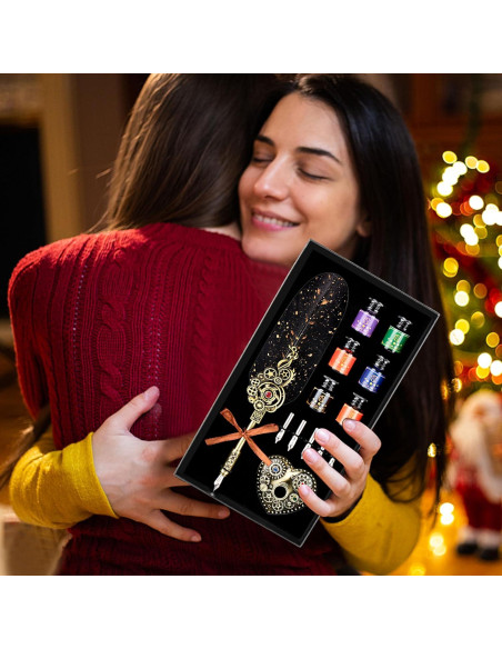 Juego de Caligrafía NC con Pluma de Pavo y 6 Tintas de Color