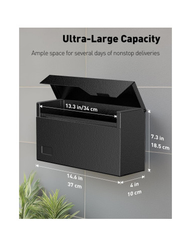 Buzón de Pared Uniclife Grande de Acero Negro 37.1x10.2x18.5 cm