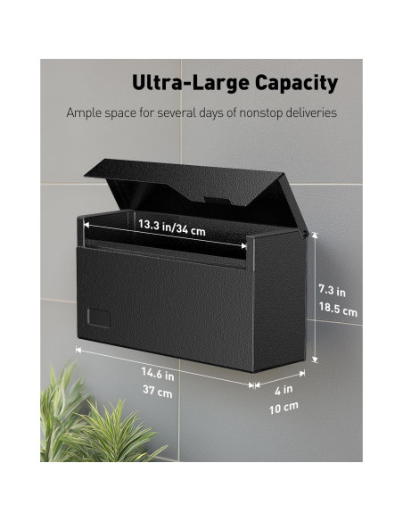 Buzón de Pared Uniclife Grande de Acero Negro 37.1x10.2x18.5 cm