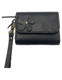 Cartera de Cuero Genuino Craftivor con Acento Floral Negra