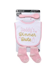 Juego de 3 Piezas para Bebé Rosa - Babero, Cuchara Silicona y Calcetines