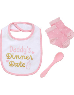Juego de 3 Piezas para Bebé Rosa - Babero, Cuchara Silicona y Calcetines 2