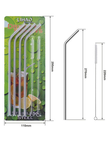 4 Pajitas de Acero Inoxidable LIHAO 30 cm + 2 Cepillos de Limpieza