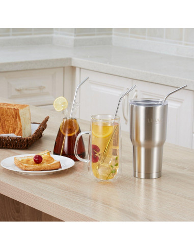 4 Pajitas de Acero Inoxidable LIHAO 30 cm + 2 Cepillos de Limpieza