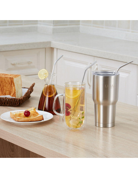 4 Pajitas de Acero Inoxidable LIHAO 30 cm + 2 Cepillos de Limpieza