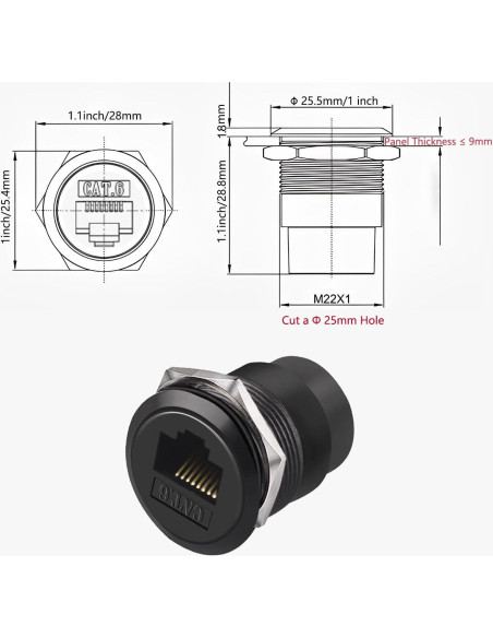Adaptador de Montaje en Panel RJ45 Cat6A Hembra a Hembra 10 Gbps