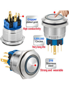 Interruptor Momentáneo 25mm ZJWZJH Acero Inoxidable 12V LED Azul 2