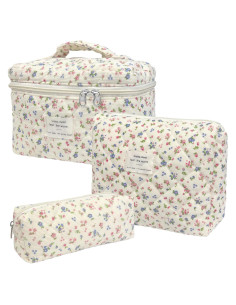 Bolsa de Maquillaje Acolchada 3pcs Rosa Ditsy Floral - Gran Capacidad