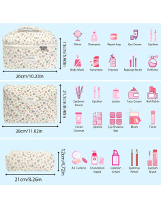 Bolsa de Maquillaje Acolchada 3pcs Rosa Ditsy Floral - Gran Capacidad 2