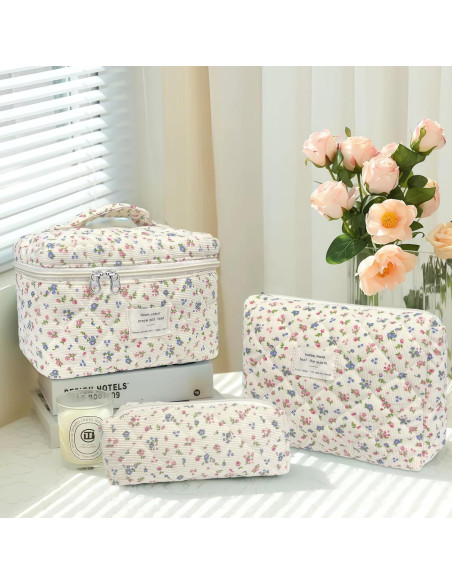 Bolsa de Maquillaje Acolchada 3pcs Rosa Ditsy Floral - Gran Capacidad