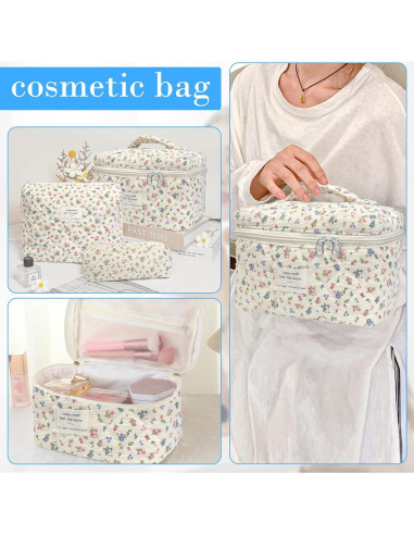 Bolsa de Maquillaje Acolchada 3pcs Rosa Ditsy Floral - Gran Capacidad