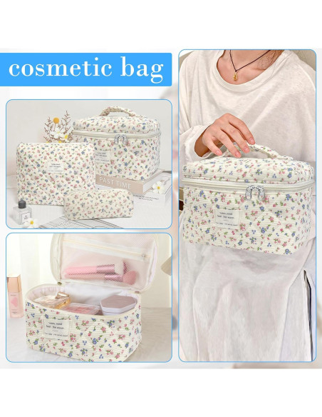 Bolsa de Maquillaje Acolchada 3pcs Rosa Ditsy Floral - Gran Capacidad