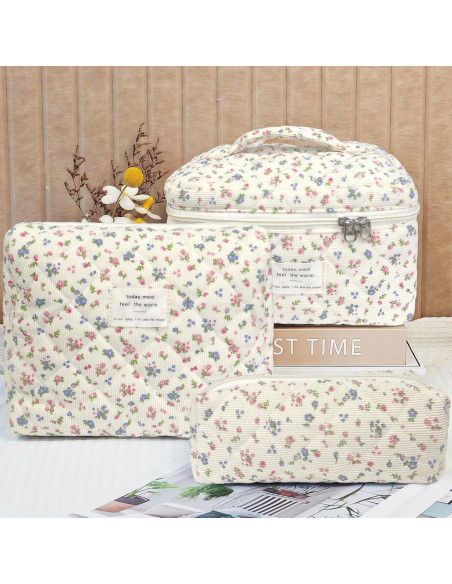 Bolsa de Maquillaje Acolchada 3pcs Rosa Ditsy Floral - Gran Capacidad