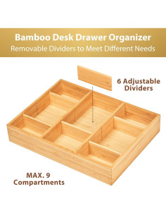 Organizador de Cajón de Escritorio Umilife de Bambú 9 Compartimentos 2