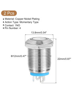 Interruptor de Botón Momentáneo uxcell 12mm 1NO Luz LED Azul 2pcs 2