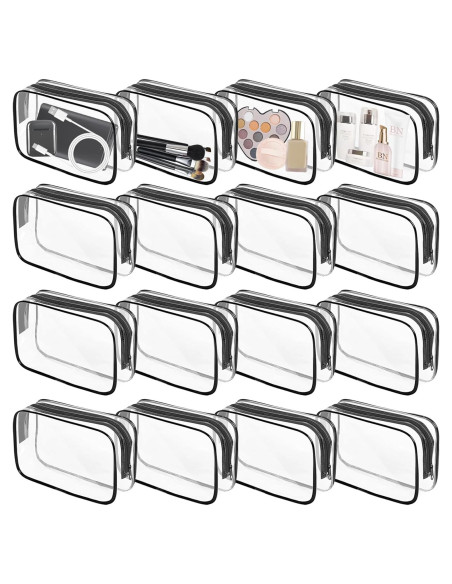 16 Bolsas de Maquillaje Transparentes TSA PVC Impermeables Negro