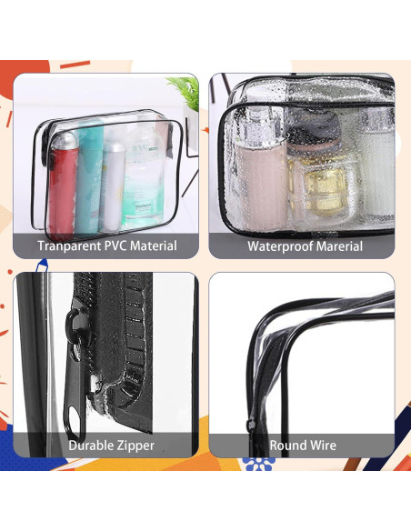 16 Bolsas de Maquillaje Transparentes TSA PVC Impermeables Negro