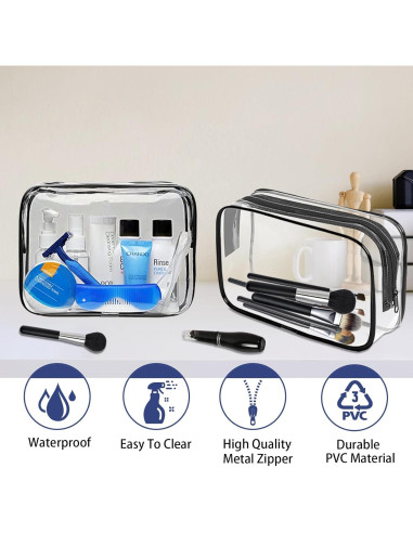 16 Bolsas de Maquillaje Transparentes TSA PVC Impermeables Negro