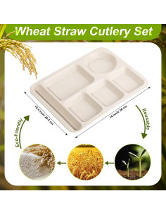 Pinkunn 8 Platos Divididos Irrompibles de Paja Beige 36x26 cm 2