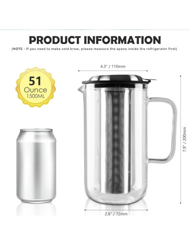 Tetera de vidrio Aquach 51oz con infusor de acero inoxidable