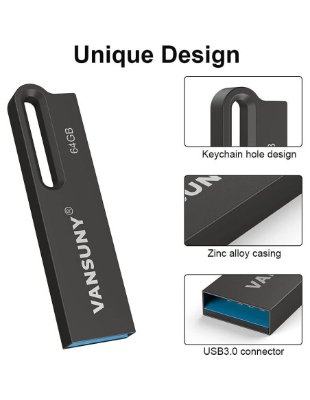 Vansuny 5 Pack USB 3.0 64GB Metal Impermeable Alta Velocidad Vansuny 5 Pack USB 3.0 64GB Metal Impermeable Alta Velocidad