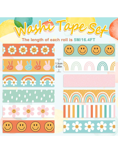 12 Rollos Cinta Washi Boho Groovy 5m x 1.5cm Decorativa