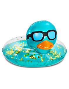 Flotador Inflable de Pato POZA 91 cm Azul Dorado con Confeti