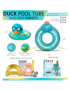 Flotador Inflable de Pato POZA 91 cm Azul Dorado con Confeti 2