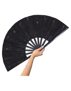 Abanico Plegable Grande 33 cm Brillo Negro para Danza y Fiesta